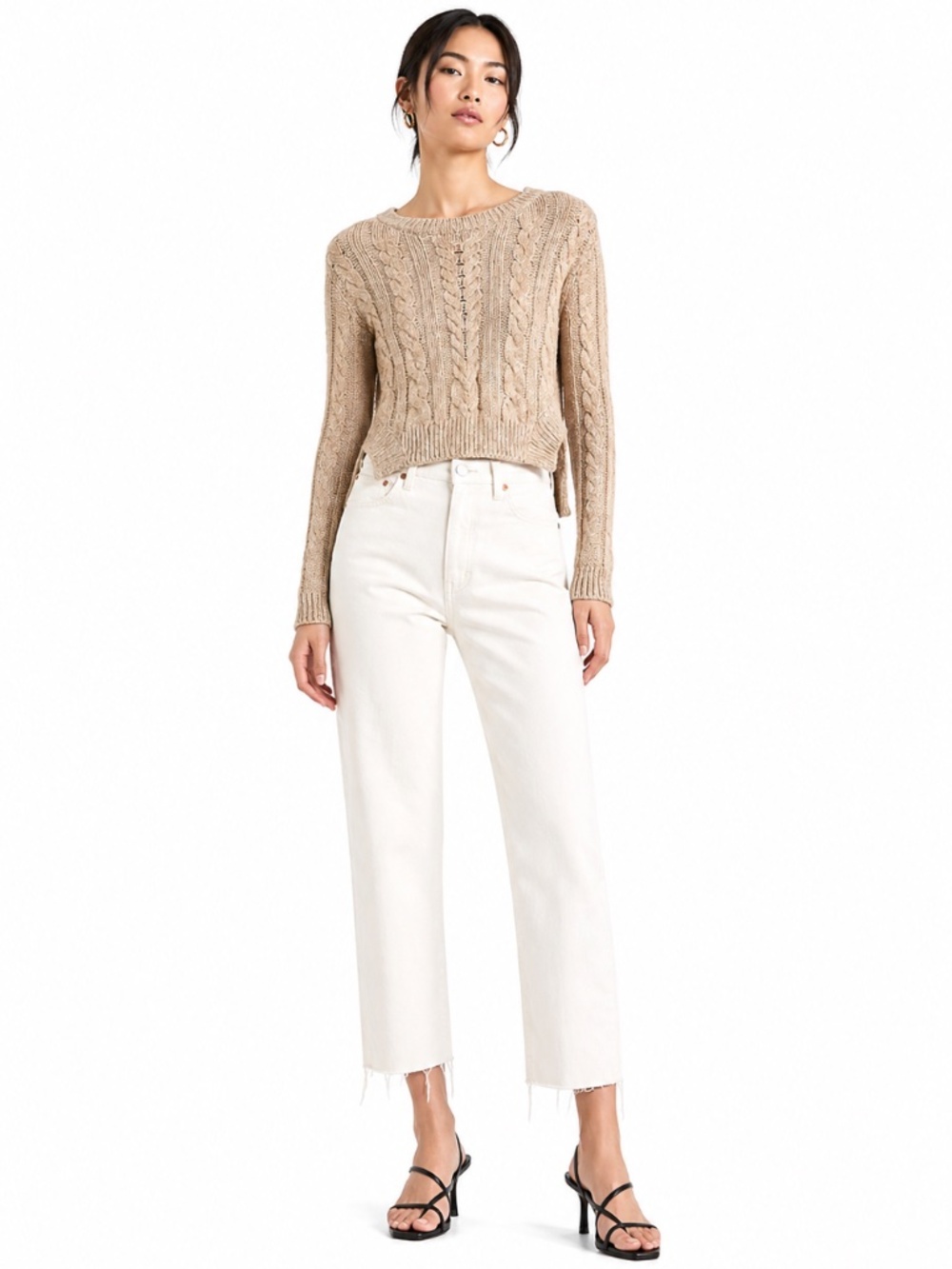 4/$20➡️ RW&CO. Light Tan Cable Knit Sweater Drop Shoulder & Side Slits – XXS EUC